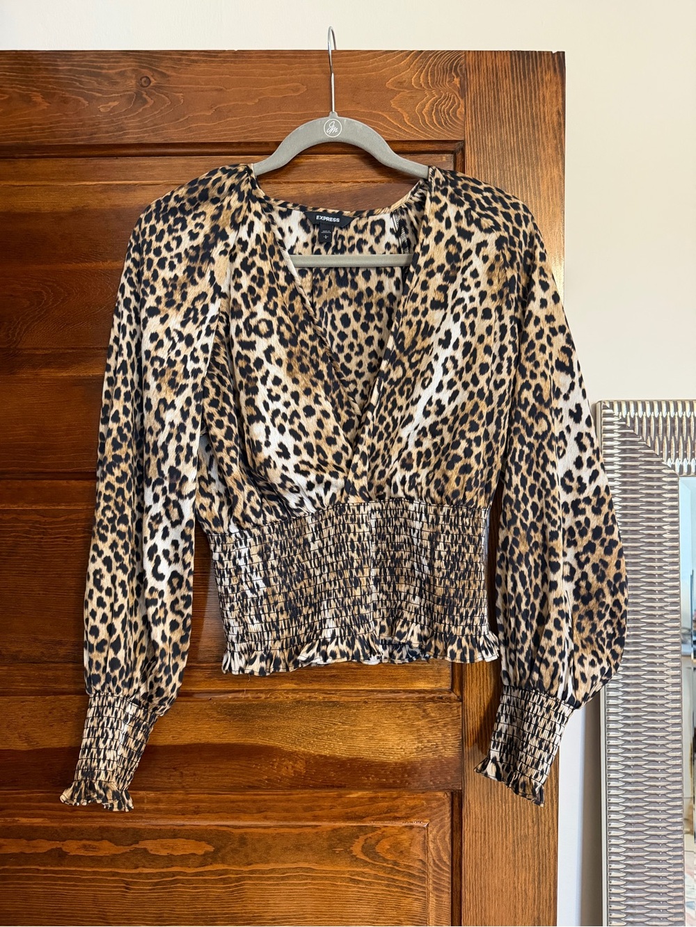 Express Leopard Print V-Neck Smocked-Waist Blouse - Brown/Black/Cream